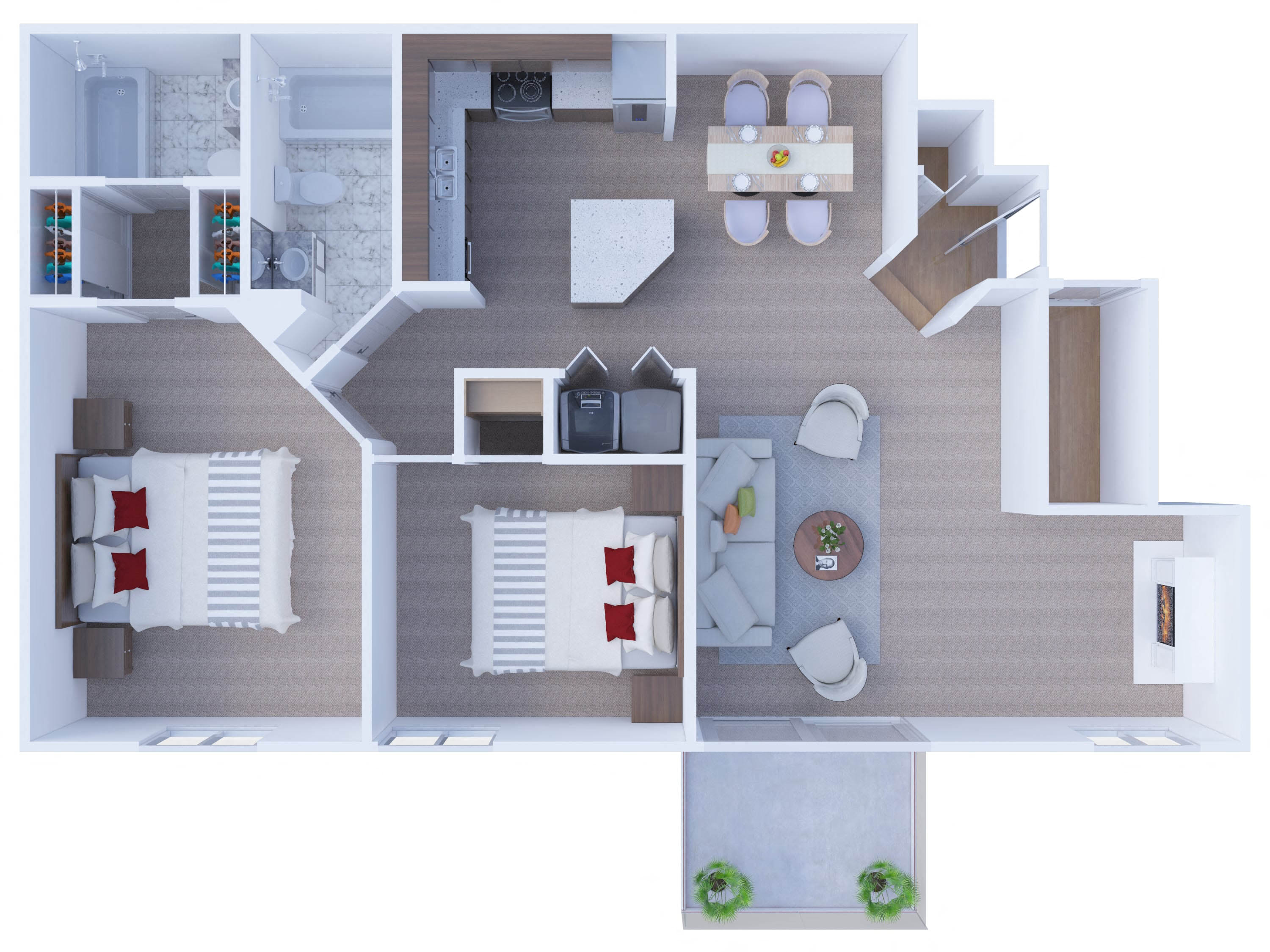 Floor plan for 2 beds, 2 baths, 1028 sqft